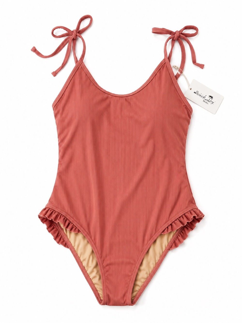 BeachJoy Ribbed One Piece Swimsuit Pink Ruffle Tie Strap Women’s Size L NWT